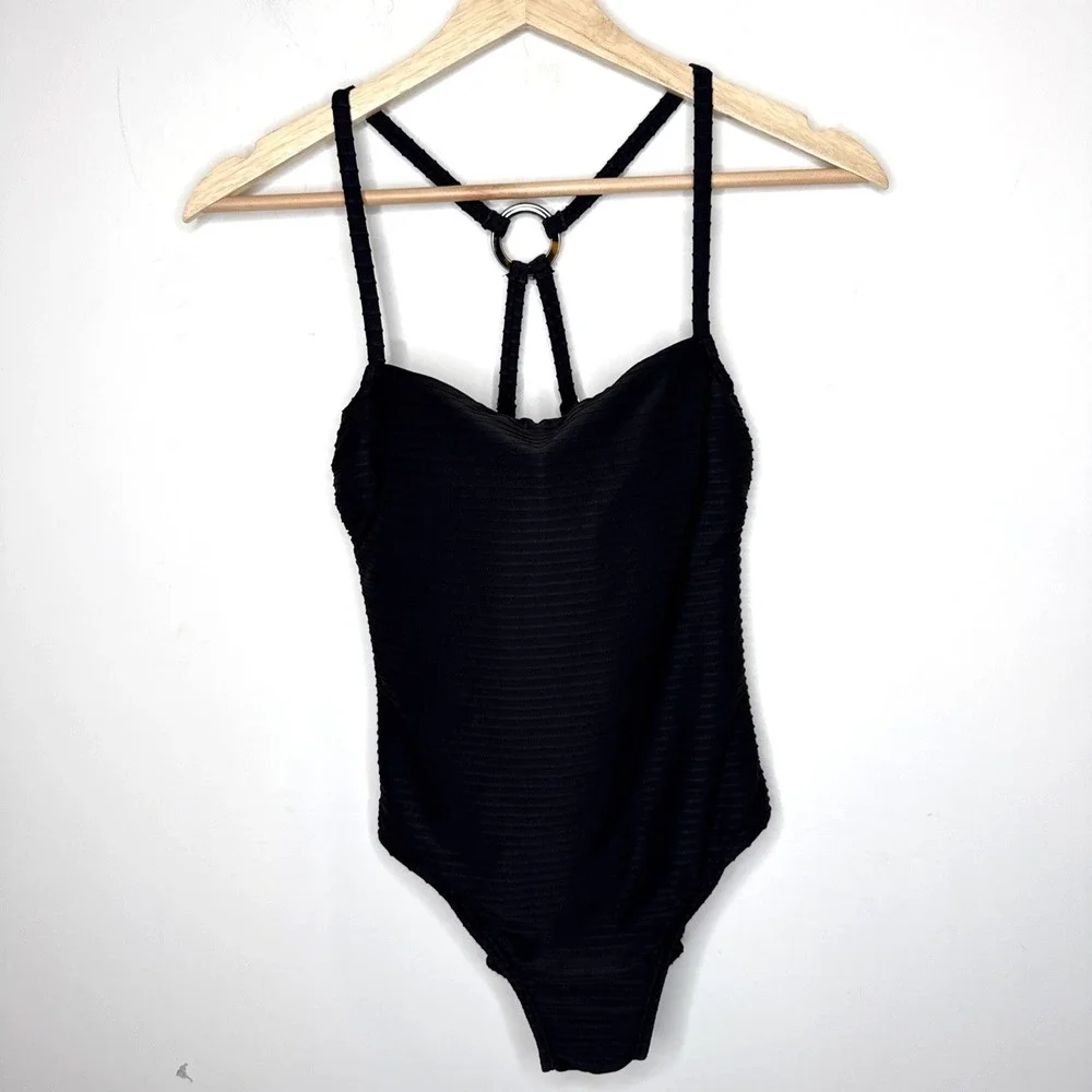 Freely One Piece Bathing Suit Swim Women's S Black Texture Ribbed O Ring Minimal